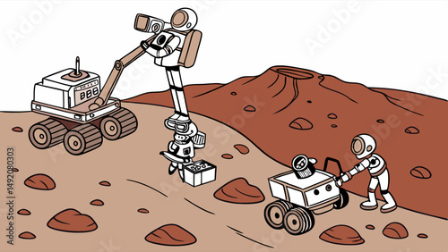 Cartoon illustration of astronauts and rovers exploring the rocky surface of Mars during a space mission
