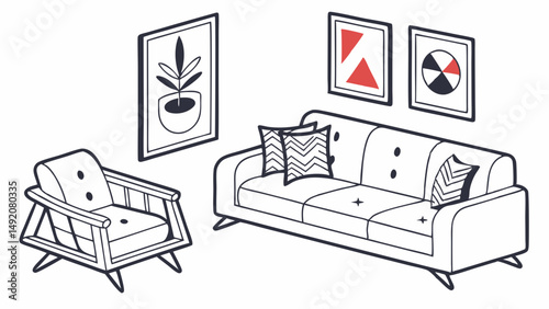 Stylish Mid Century Modern Living Room Line Art Sofa Armchair Geometric Wall Art