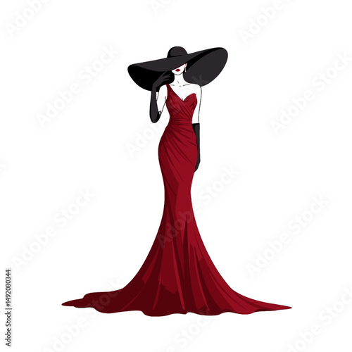 Elegant woman in a red gown and a large black hat