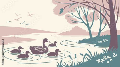 Retro Illustration of Mother Duck and Four Ducklings Swimming in a Peaceful River Landscape