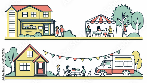 Simple Flat Illustration Outdoor Community Fair Tent Backyard Food Truck Party Scenes