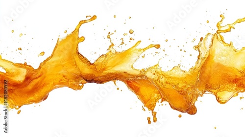 Dynamic splash of amber liquid, frozen mid-air against a stark white backdrop.  The image showcases the texture and fluidity of the substance