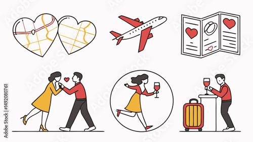Romantic Couple Travel Destination Line Art Icons Set