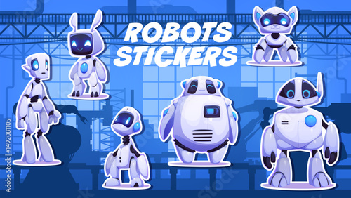Cartoon futuristic robot characters and digital droids, vector stickers pack. Cartoon toy cyborgs or robotic animal droids and bots with face display for funny futuristic robot characters