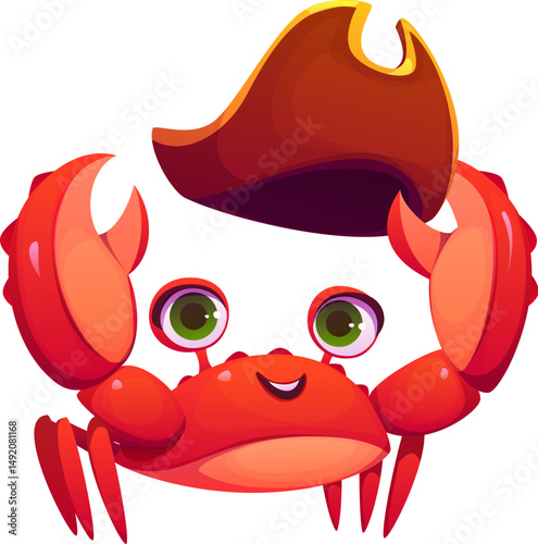 Cartoon crab animal pirate and corsair character holding tricorn captain hat in its claw, smiling cheerfully, ready for sea adventure. Isolated vector funny and fearsome arthropod filibuster personage
