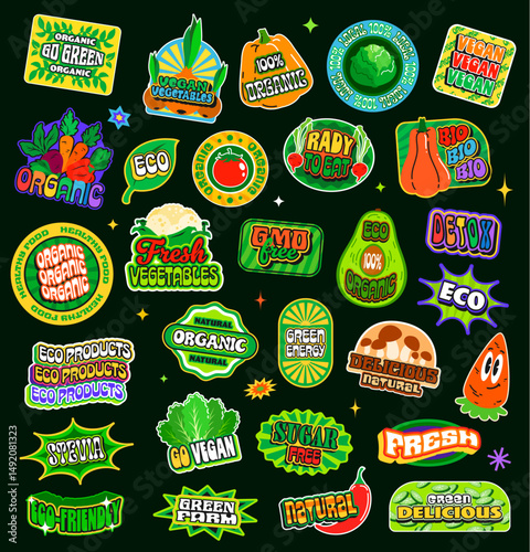 Organic eco food y2k groovy patch stickers, natural vegan product retro funky labels. Eco green and organic bio vegetable vector badges with y2k groovy smile emoji. Retro 90s fresh farm food stickers