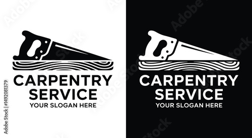 Carpentry Service Logo Bold Black Saw Plank Design for Woodworking Professionals