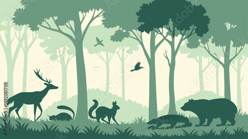Green Forest Scene Illustration with Wildlife Silhouettes Deer Bear Fox Squirrel Badger Hedgehog Birds