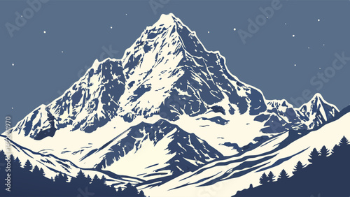 Vintage Graphic Illustration of Snowy Mountain Range at Night with Stars and Trees