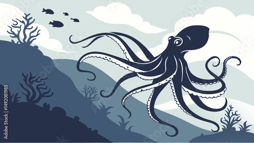 Highly Detailed Blue Octopus Illustration Swimming in a Stylized Underwater Scene with Fish and Coral Reef