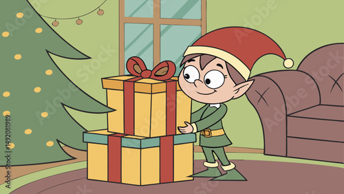 Cute Cartoon Elf Stacking Christmas Presents Next to Tree Festive Holiday Season Illustration