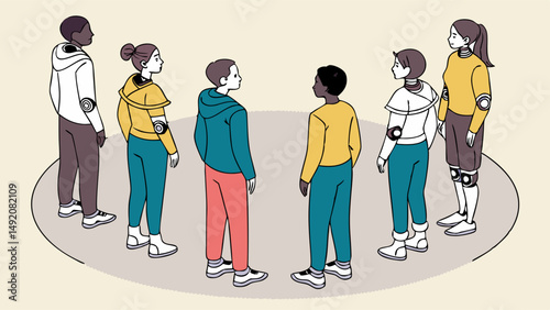 Simple illustration of a diverse group of young people standing in a circle, discussing or collaborating. Teamwork graphic.
