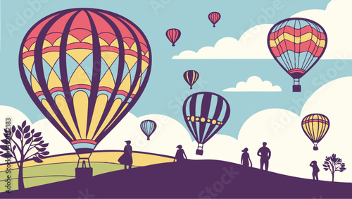 Wallpaper Mural Scenic Hot Air Balloon Festival Vintage Illustration with Colorful Balloons People Hills and Clouds Torontodigital.ca