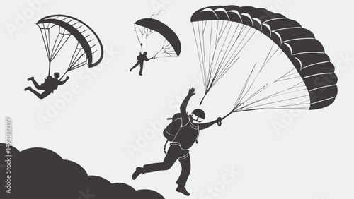 Black and white illustration of multiple skydivers descending and landing with parachutes.
