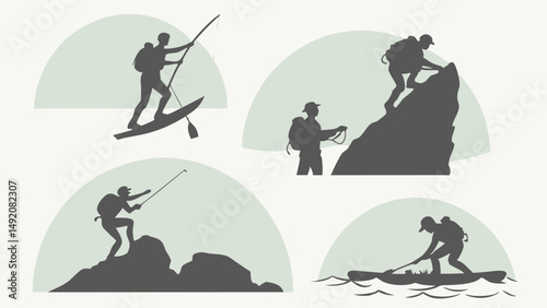 Outdoor Adventure Silhouettes Flat Design Climbing, Fishing, Paddleboarding, Kayaking
