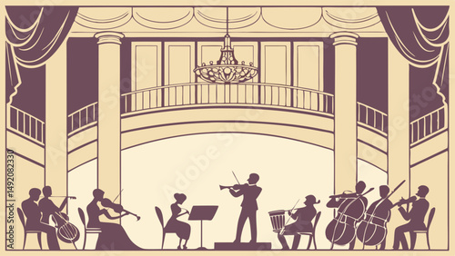 Vintage Sepia Silhouette Orchestra Concert in Elegant Grand Hall with Musicians Balcony and Chandelier