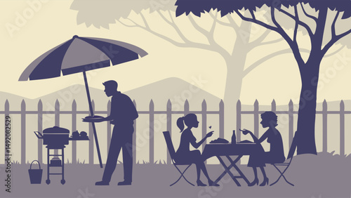 Summer Backyard BBQ Picnic Illustration with People Grilling and Eating Outdoors in Flat Silhouette Style