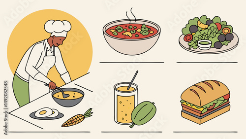 Simple Line Art Illustration Featuring a Chef Preparing Healthy Food Soup Salad Sandwiches Juice Eggs Corn