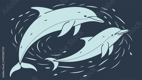 Two Light Blue Dolphins Swimming in Swirling Water Simple Graphic Illustration Art