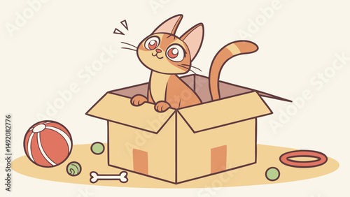 Happy Cartoon Kitten Sitting in Cardboard Box with Red Ball and Green Toys