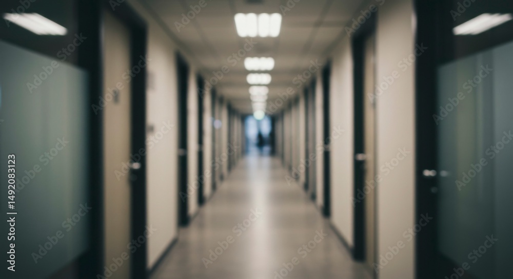 Obraz premium Blurry image of a long office corridor with doors on either side, leading to a distant, dimly lit area