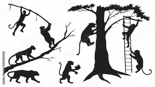 Black Silhouette Jungle Scene with Monkeys and Leopards Climbing and Hanging on Trees