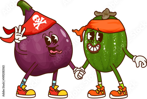 Groovy tropical figs and feijoa fruits pirate corsair characters dressed in bandana with skull and sailor headband. Vector food personages holding hands, symbolizing teamwork, friendship and adventure