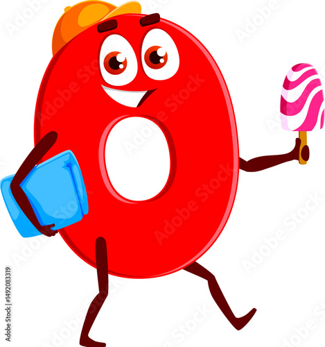 Cartoon zero math number and digit character on summer vacation. Vector 0 personage wearing a cap, happily holding ice cream and a beach towel in hands, symbolizing a fun summertime holiday recreation