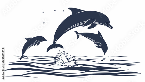Stylized dark blue illustration of three dolphins leaping from the ocean waves with a splash