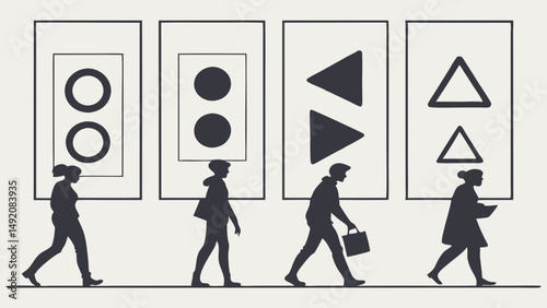 Minimalist Abstract Art Exhibition Silhouettes of People Viewing Geometric Shapes Circles Triangles