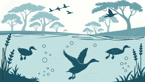 Graphic silhouette art of ducks swimming underwater and flying above a wetland pond nature scene with trees