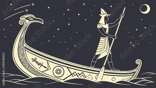 Ancient Egyptian Mythology Ra God in Solar Barque Boat Journeying Through Night Sky Stars Moon Illustration