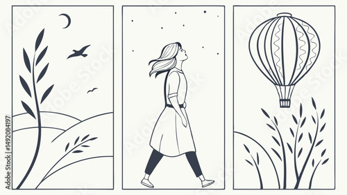 Minimalist Line Art Triptych Illustration of Woman Walking, Nature Landscape, and Hot Air Balloon Symbolizing Dreams and Journey
