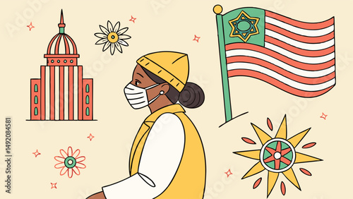 Flat illustration of masked person, US Capitol, American flag with Star of David, flowers, American symbols.