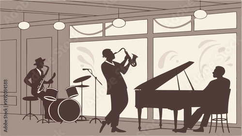 Vintage Silhouette Jazz Band Playing Live Music With Saxophone Piano And Drums