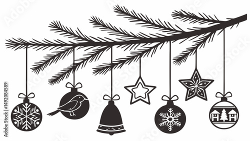 Detailed monochrome illustration of a Christmas branch with hanging holiday ornaments baubles stars bell snowflake bird house