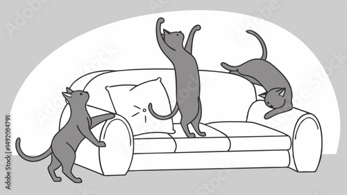 Simple line art illustration of three playful gray cats jumping and playing on a comfortable sofa