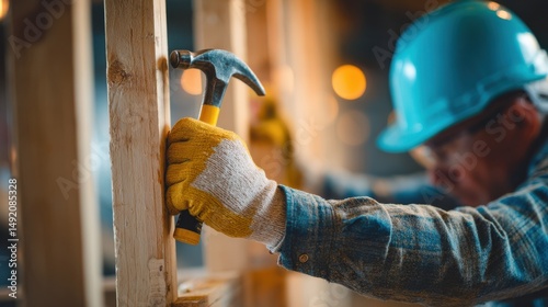 A construction worker uses a hammer to build a wooden frame, showcasing diligent craftsmanship in a well-lit workshop.