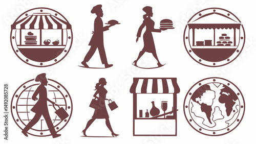 Brown Silhouette Vector Icons Set Featuring Food Market Stalls Chefs Shoppers and Globe