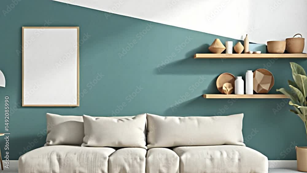 an airy living room set with a minimalist aesthetic. the sofa is low slung and covered in a durable woven material