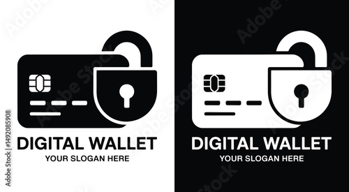 Digital Wallet Logo Bold Black Card Lock Symbol for Payment Security and Fintech Solutions
