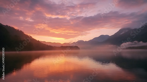 Tranquil dawn at the lake, reflecting the colors of the sunrise on the water