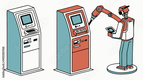 Line art illustration robot interacting with automated self-service kiosks future technology automation concept