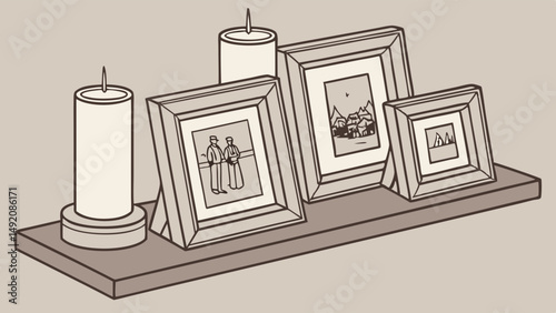 Sepia Line Art Illustration of a Home Shelf Display with Framed Photos and Decorative Candles