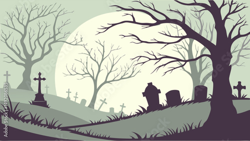 Spooky Halloween Graveyard Cemetery Illustration Night Scene Full Moon Bare Trees Gravestones Crosses