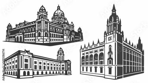Detailed Black and White Illustrations Set of Three Vintage Architectural Drawings of Grand Historical Buildings