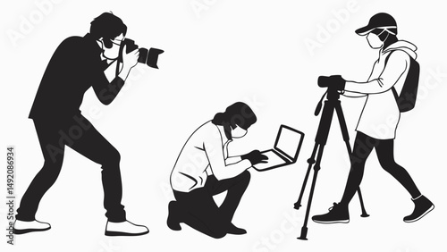 Team of Masked Media Professionals Filming and Editing with Cameras Laptop and Tripod Black White Illustration