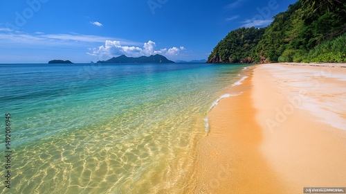 Seascape of Tranquil Beach with Vivid Waters and Lush Coastal Vegetation