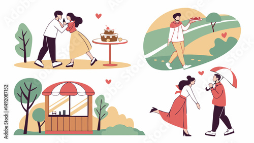 Cute flat illustration set showing romantic couples on various dates picnic rain park food stall