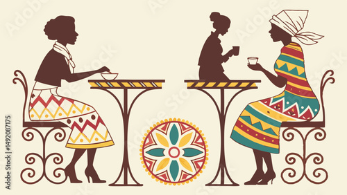 African Inspired Silhouette Art of Women Drinking at Cafe with Vibrant Ethnic Patterned Dresses